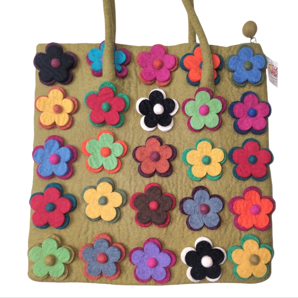 Pomegranate Moon Felt Flower Multicolor Green Base Bohemian Tote Bag Purse